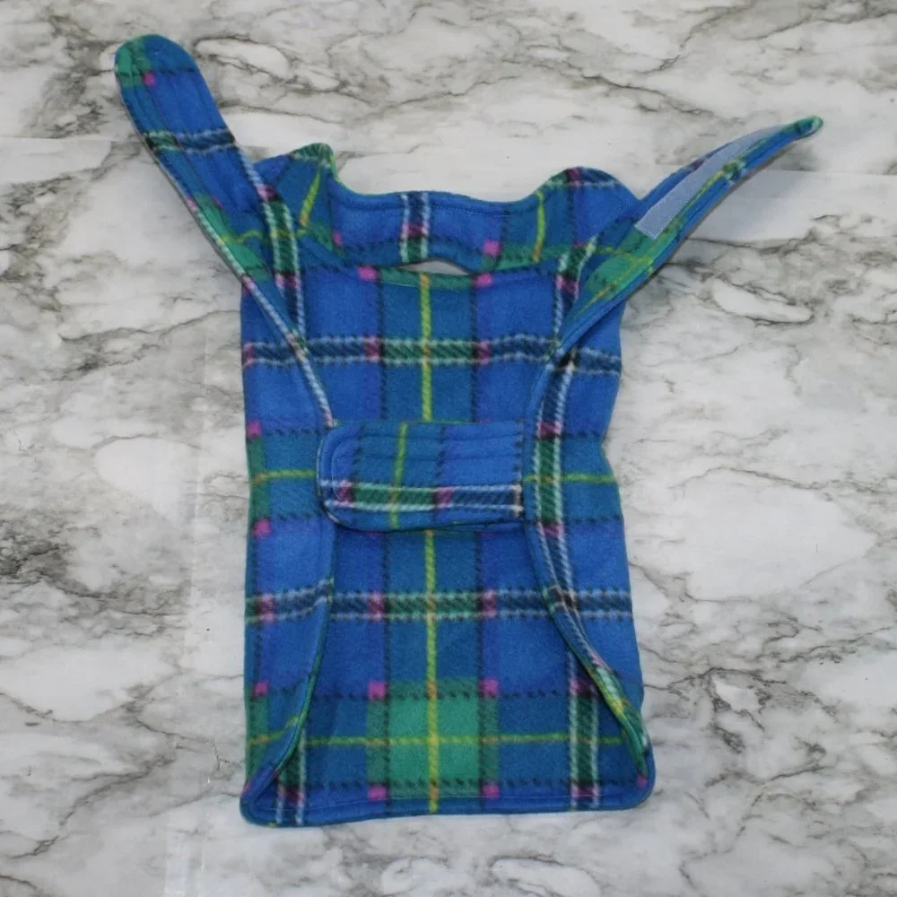 HAND CRAFTED Dog Coat Fleece Winter Reversible Blue Plaid Print B M XS